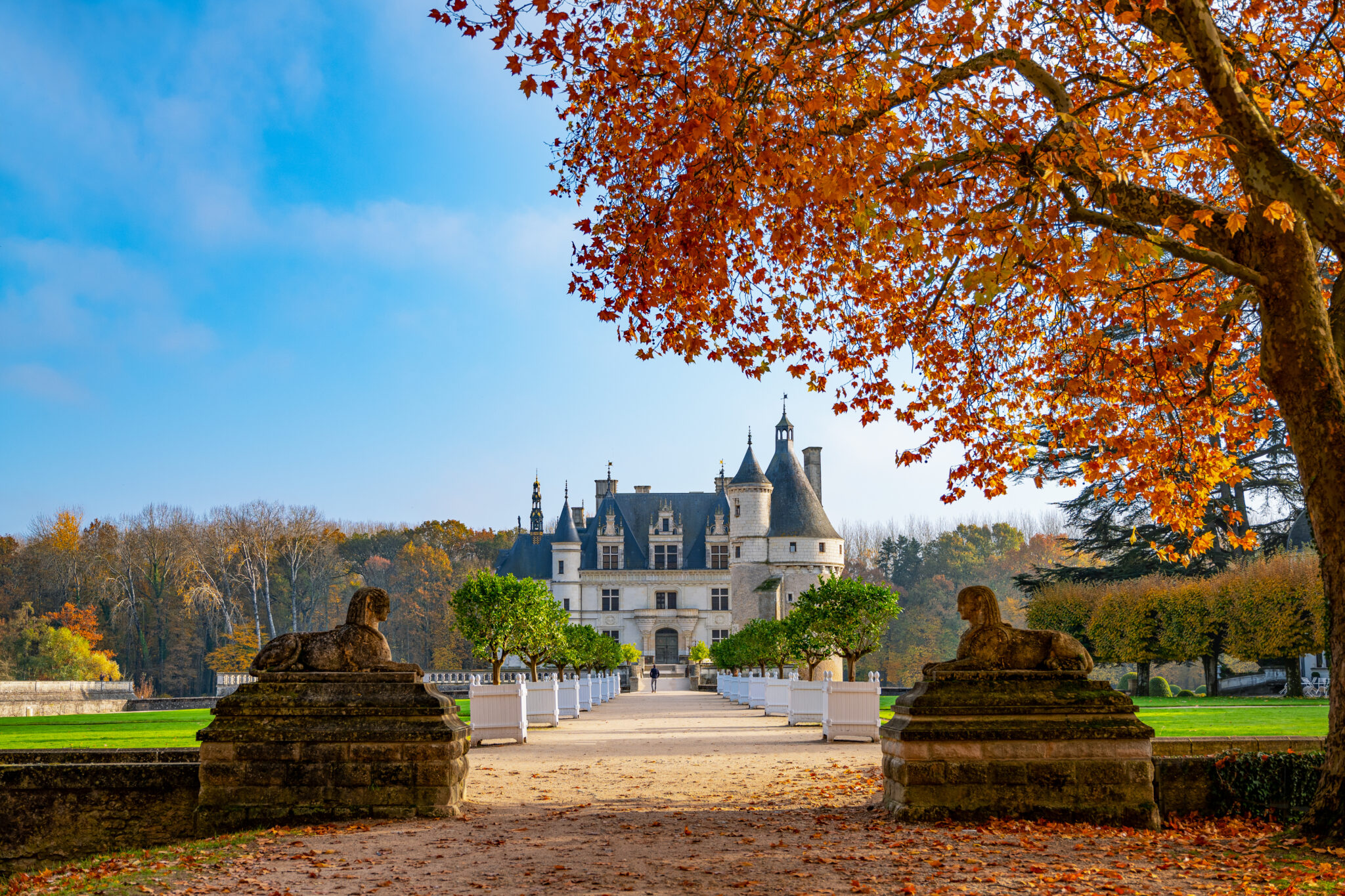 Chenonceaux, France - November 15, 2018:  The garden and the entrance of the Chenonceau castle