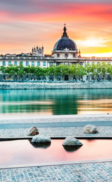 lyon sunset view river hote dieu fourviere cathedral